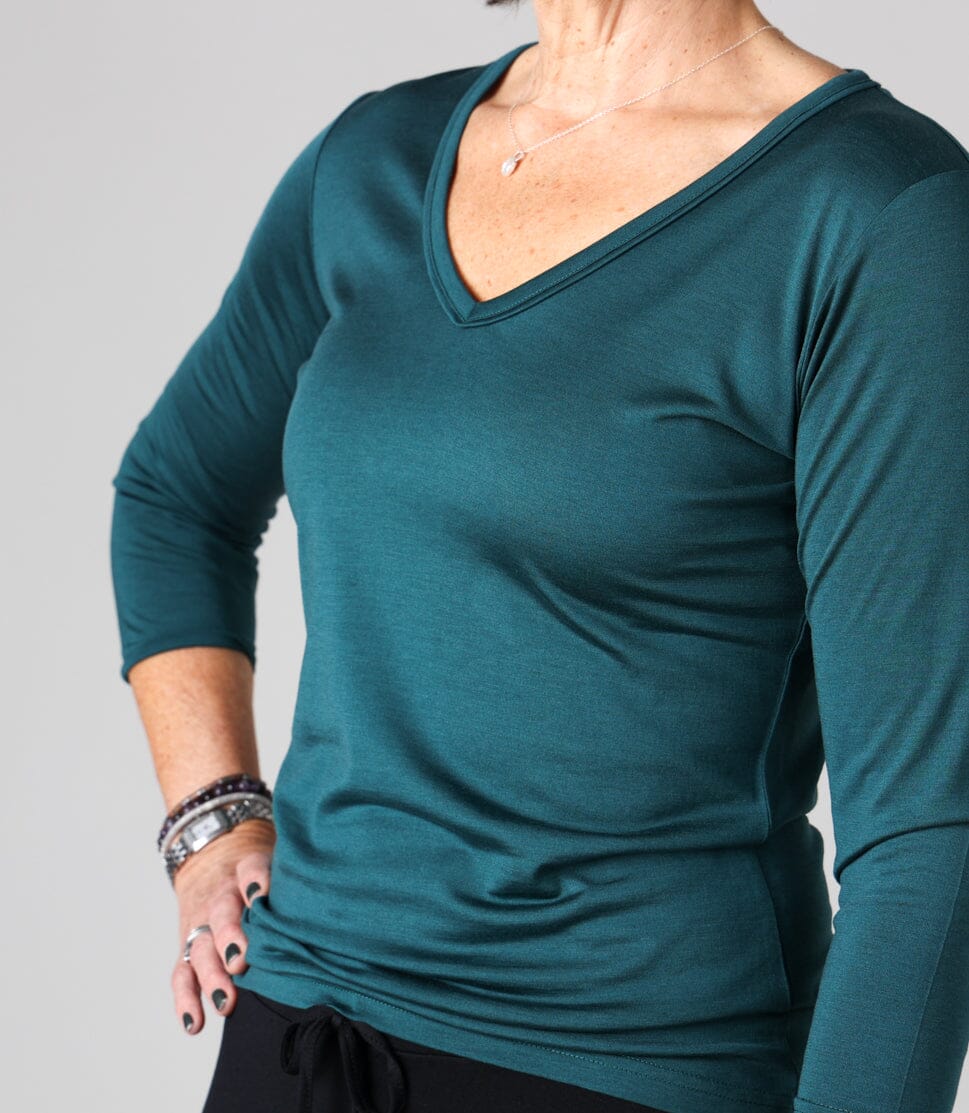 3/4 Sleeved V Neck top in Deep Sea green