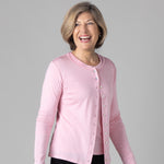 Woman wearing Silkspun Cardigan in Shell Pink