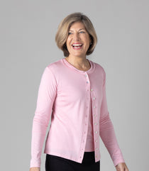 Woman wearing Silkspun Cardigan in Shell Pink