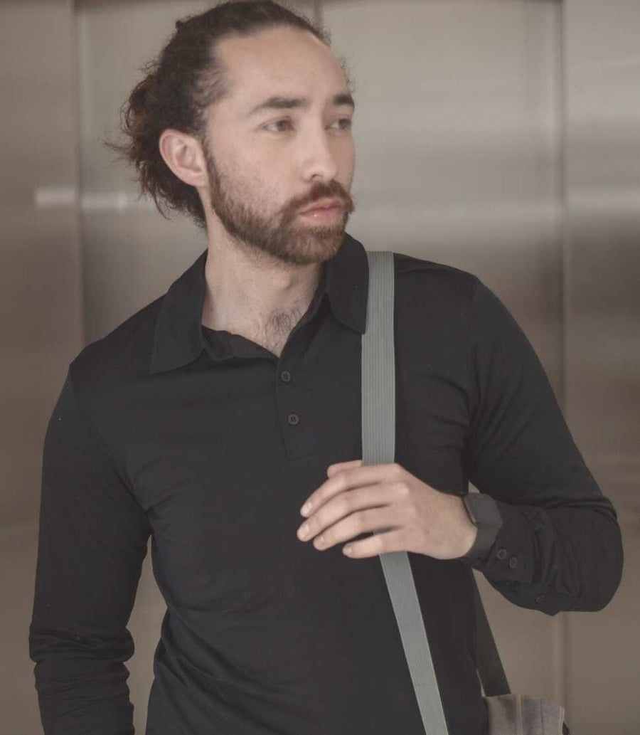  Men's Silkspun Long Sleeve Polo Shirt in Black