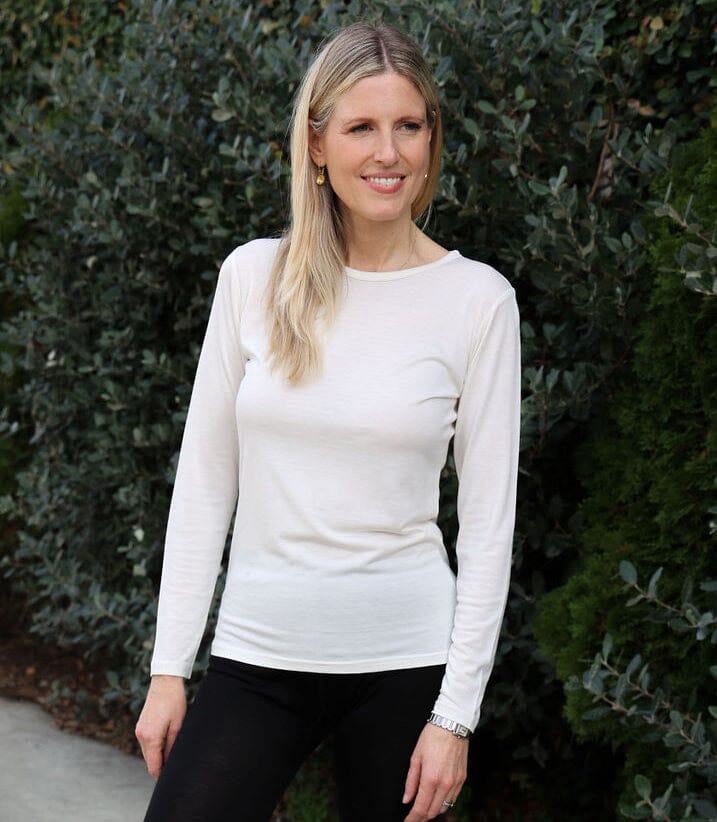 Women's Silkspun Long Sleeve Crew in Natural White with Silkspun Legliners in Black