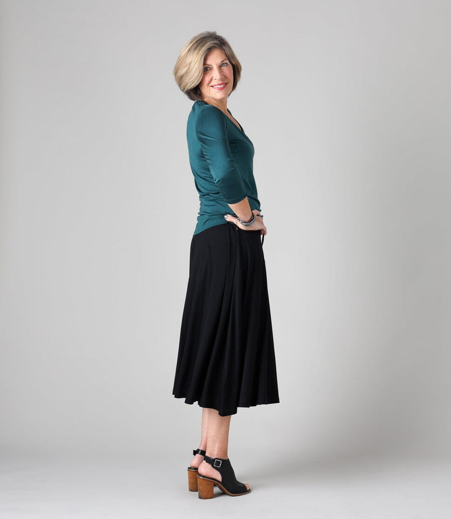 Silkspun Swing Skirt in Black with 3/4 V Neck Top in Deep Sea green