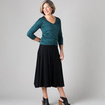 Silkspun Swing Skirt in Black with 3/4 V Neck Top in Deep Sea green