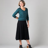 Silkspun Swing Skirt in Black with 3/4 V Neck Top in Deep Sea green