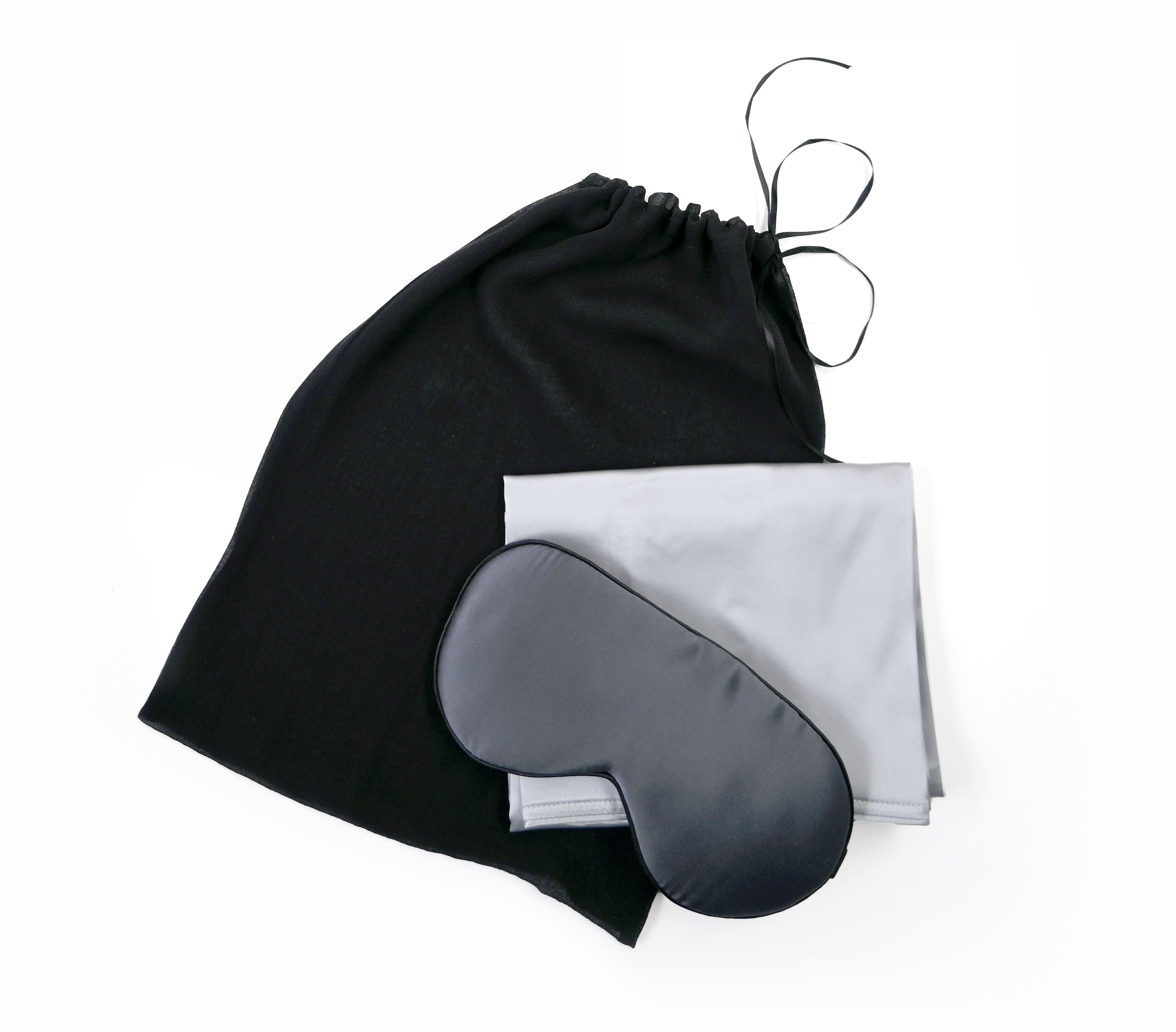 Sleep With Silk Gift Set includes a 100% silk Natural White Pillowslip and a pure silk Storm Grey Eye Mask beautifully presented in a 100% Georgette silk reusable gift bag with drawstring closure