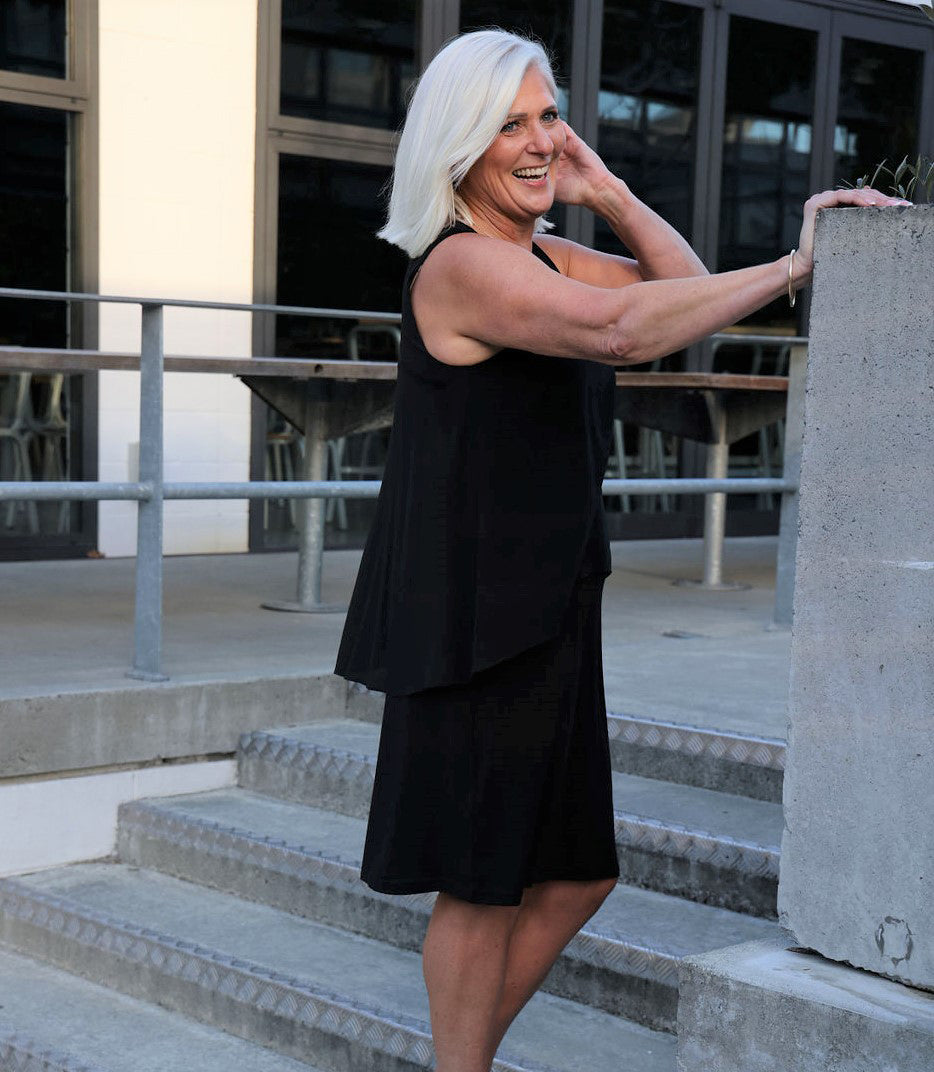 Woman wearing Silkbody Verve Silk Dress in Black 
