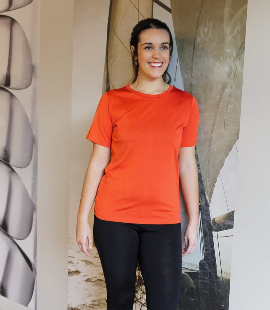 Women's Silkspun Short Sleeve Crew in Orange Blaze