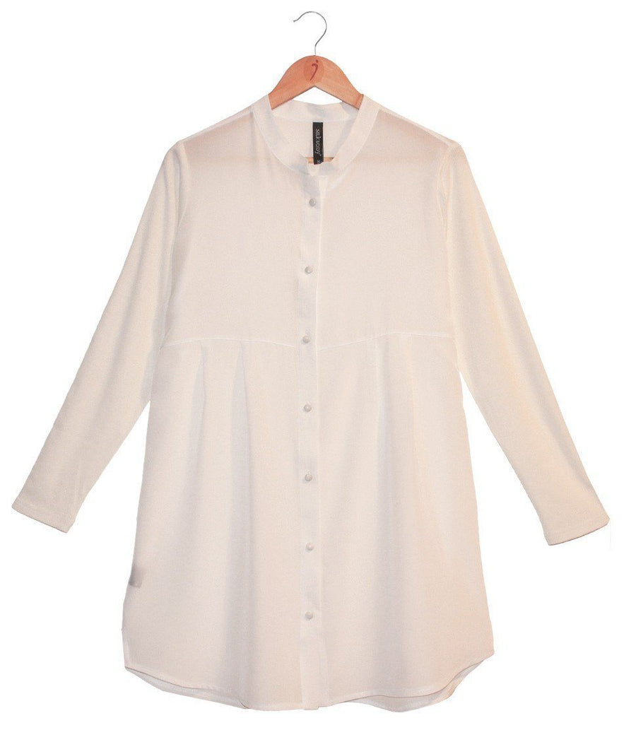  Women's 100% Pure Silk Crepe-de-Chine Tunic Shirt in Natural White