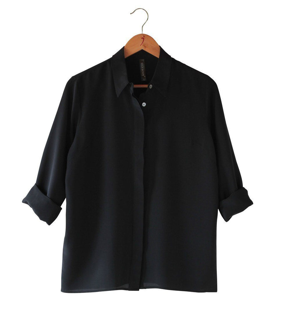 Women's 100% Pure Silk Crepe-de-Chine Shirt in Black