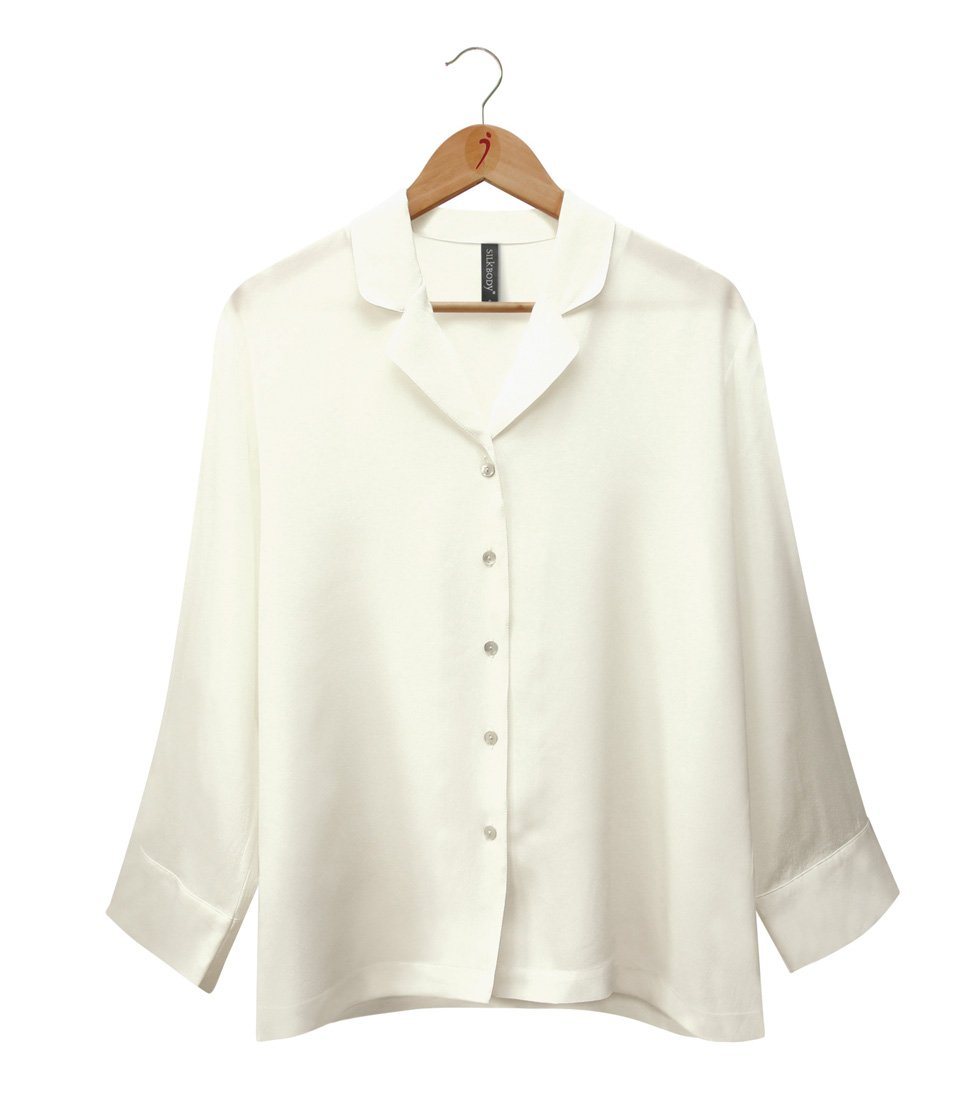  Women's 100% Pure Silk Crepe-de-Chine Pyjama Top in Natural White