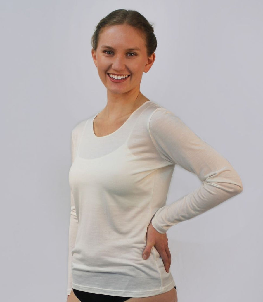 Women's 100% Pure Silk Sheer Long Sleeve Scoop in Natural White