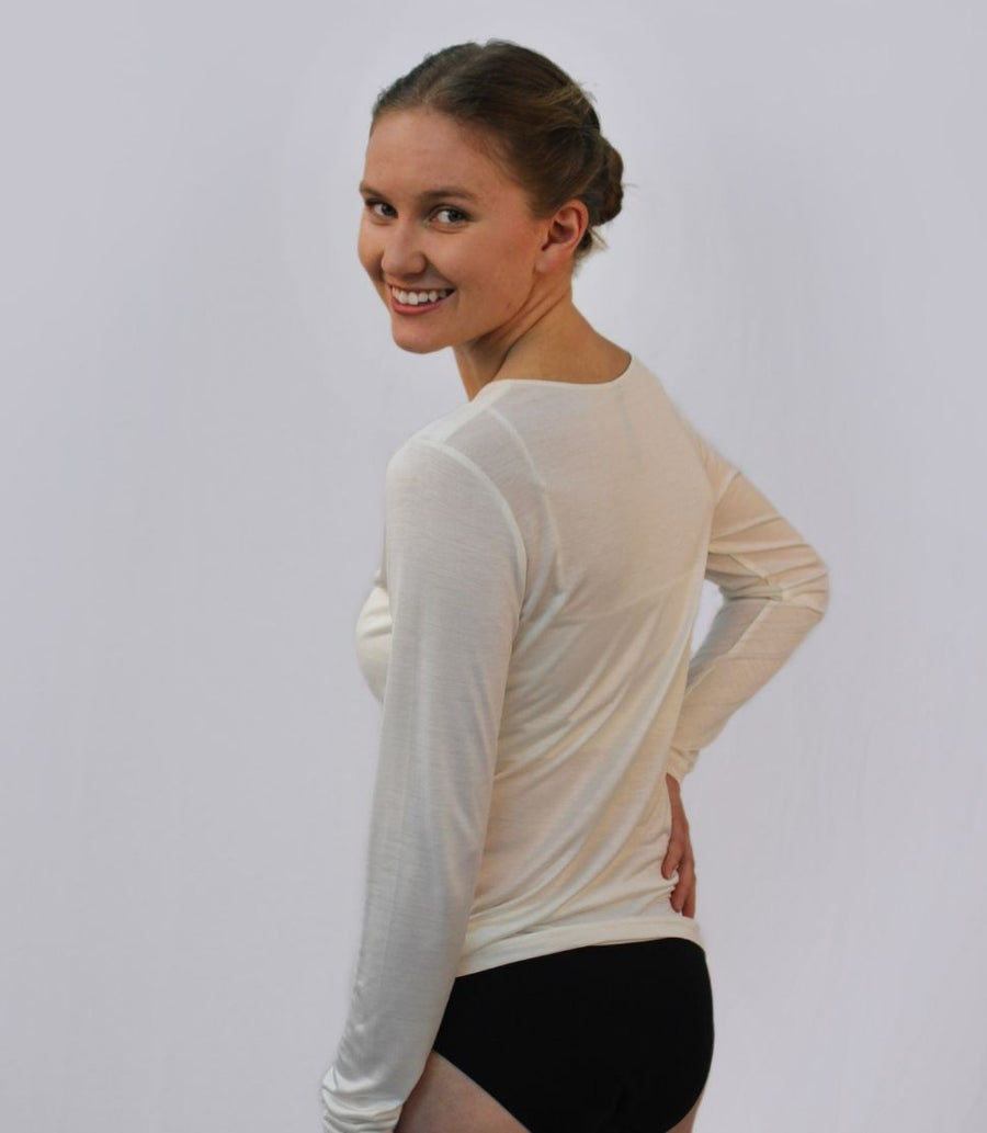  Women's 100% Pure Silk Sheer Long Sleeve Scoop in Natural White