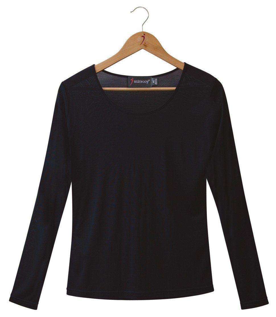  Women's 100% Pure Silk Sheer Long Sleeve Scoop in Black