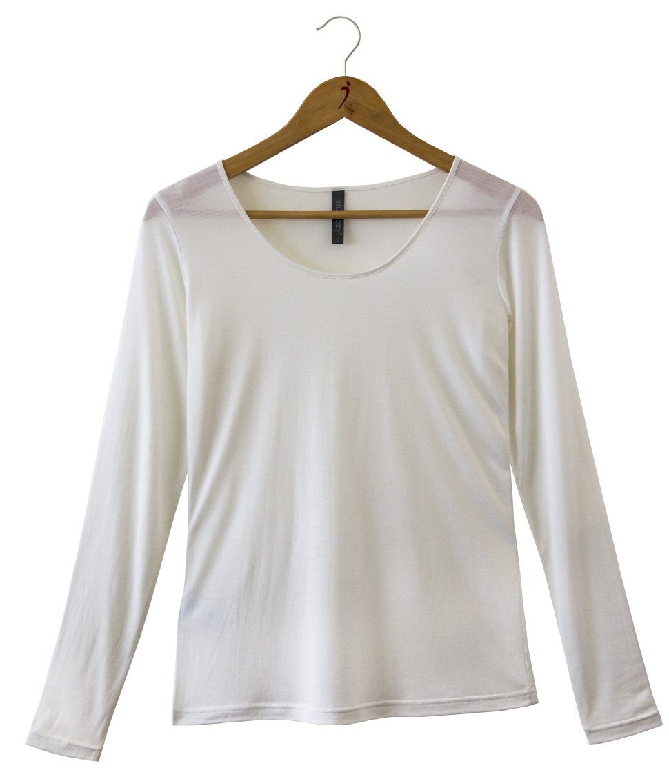  Women's 100% Pure Silk Sheer Long Sleeved Scoop in Natural White