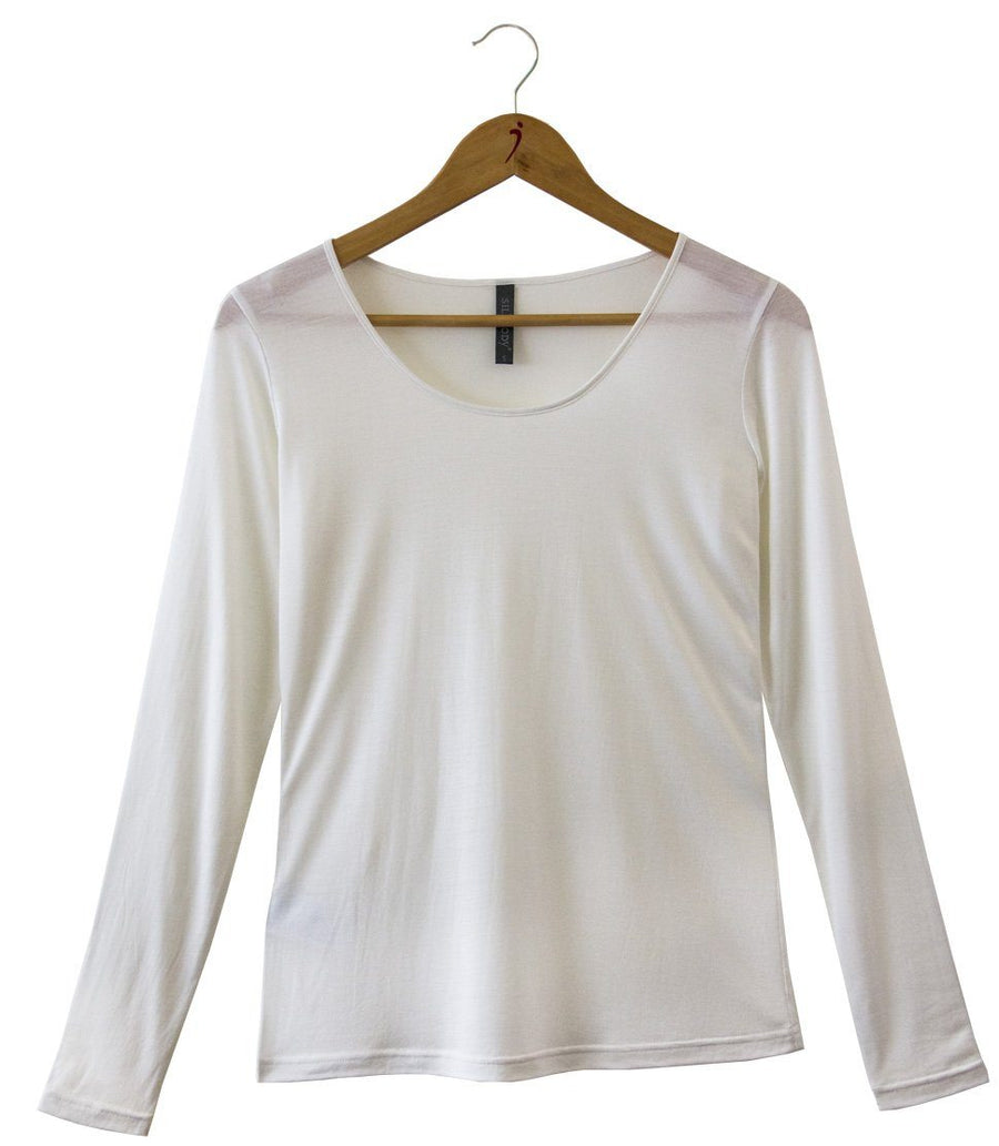  Women's 100% Pure Silk Sheer Long Sleeve Scoop in Natural White
