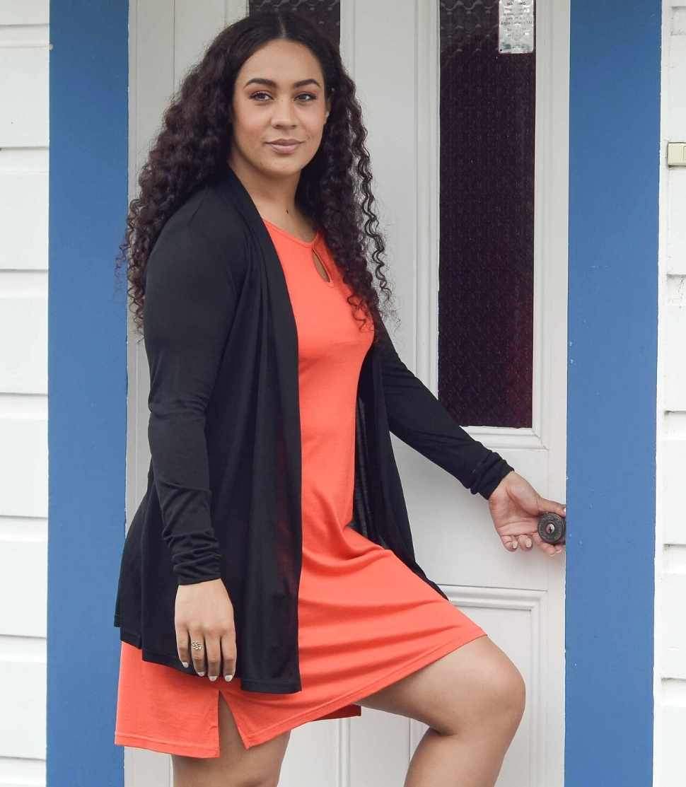 Women's Puresilk Sheer Longline Cardigan in black and Silkspun Wendy Keyhole Dress in Orange Blaze