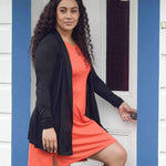 Women's Puresilk Sheer Longline Cardigan in black and Silkspun Wendy Keyhole Dress in Orange Blaze