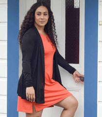 Women's Puresilk Sheer Longline Cardigan in black and Silkspun Wendy Keyhole Dress in Orange Blaze