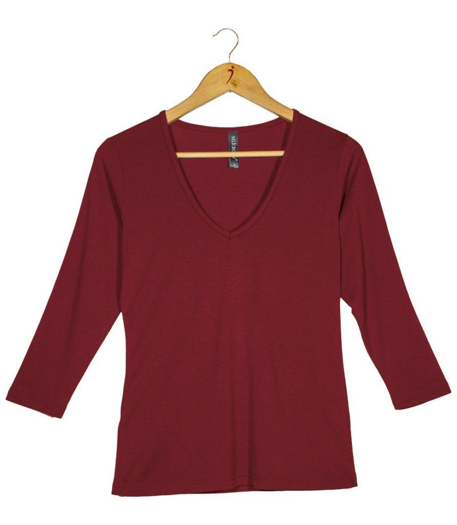 Women's Silkspun 3/4 Sleeve V Neck in Sunset Red
