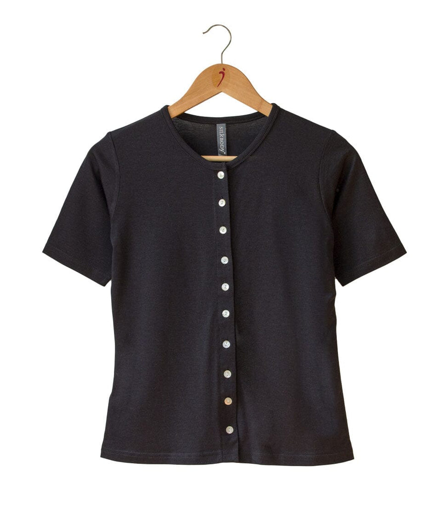 Women's Silkspun Short Sleeve Button-through Top in Black