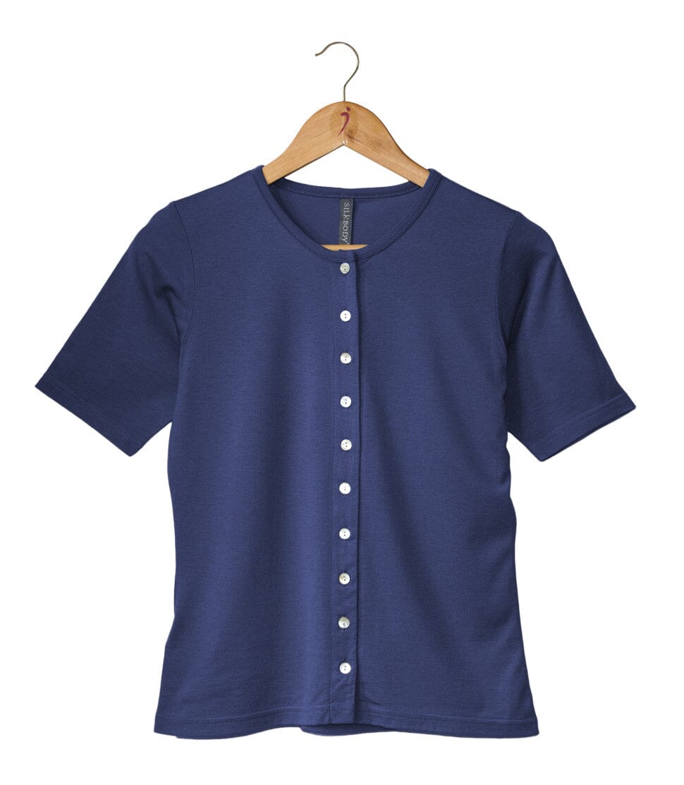 Women's Silkspun Short Sleeve Button-through Top in Navy