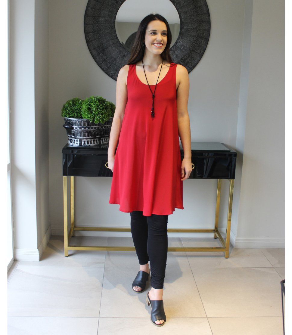 Women's Silkspun Pleated Leggings and Float-cut Dancing Dress in Sunset Red 
