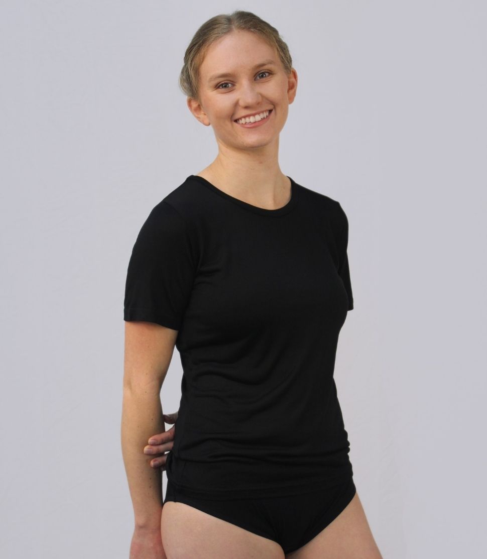 100% Silk Short Sleeve Crew in Black for Women